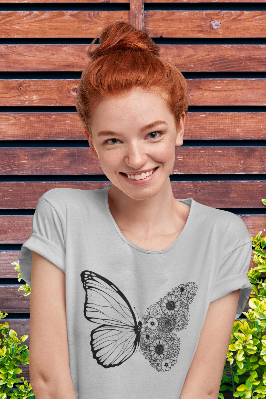 Floral Butterfly Printed Scoop Neck T-Shirt For Women - WowWaves - 3