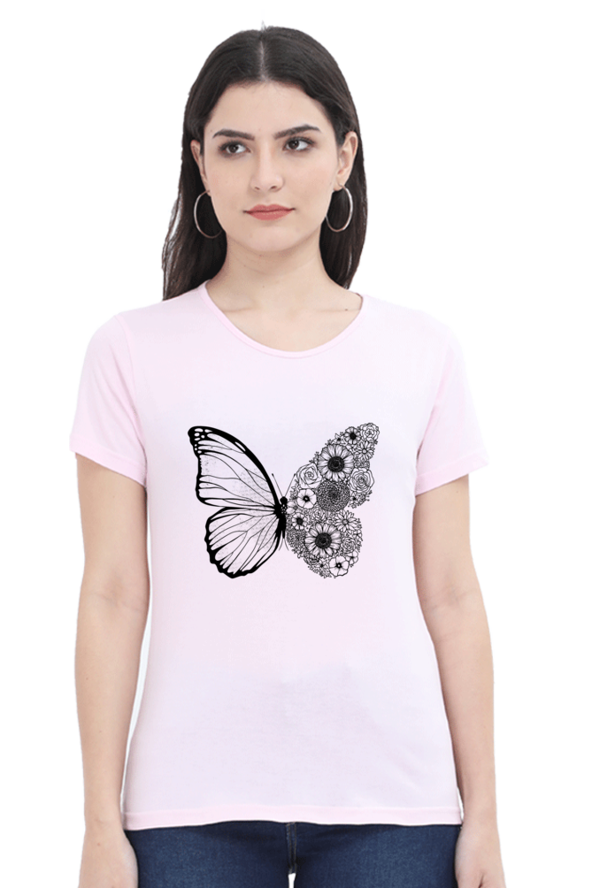 Floral Butterfly Printed Scoop Neck T-Shirt For Women - WowWaves - 7