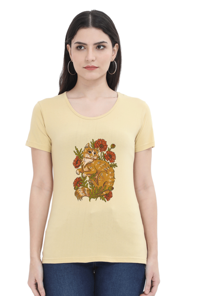 Floral Cat Printed Scoop Neck T-Shirt For Women - WowWaves - 5