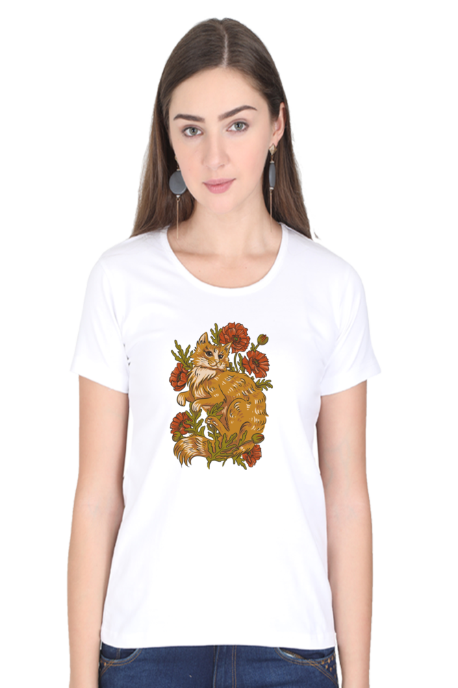 Floral Cat Printed Scoop Neck T-Shirt For Women - WowWaves - 7