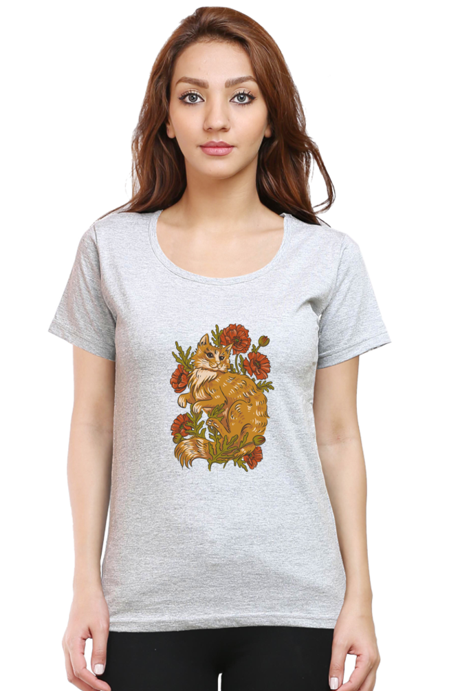 Floral Cat Printed Scoop Neck T-Shirt For Women - WowWaves - 6