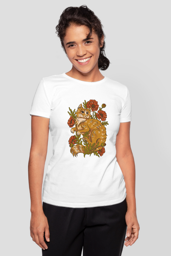 Floral Cat Printed T-Shirt For Women - WowWaves - 7
