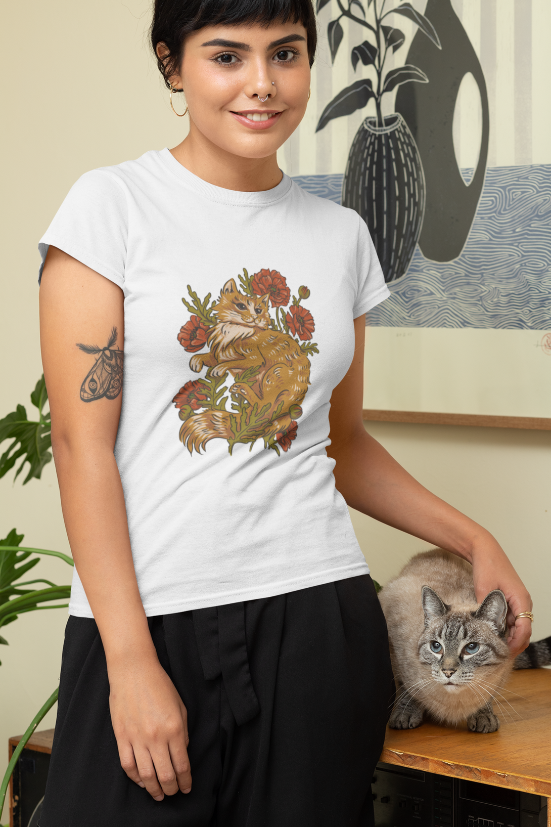 Floral Cat Printed T-Shirt For Women - WowWaves - 2