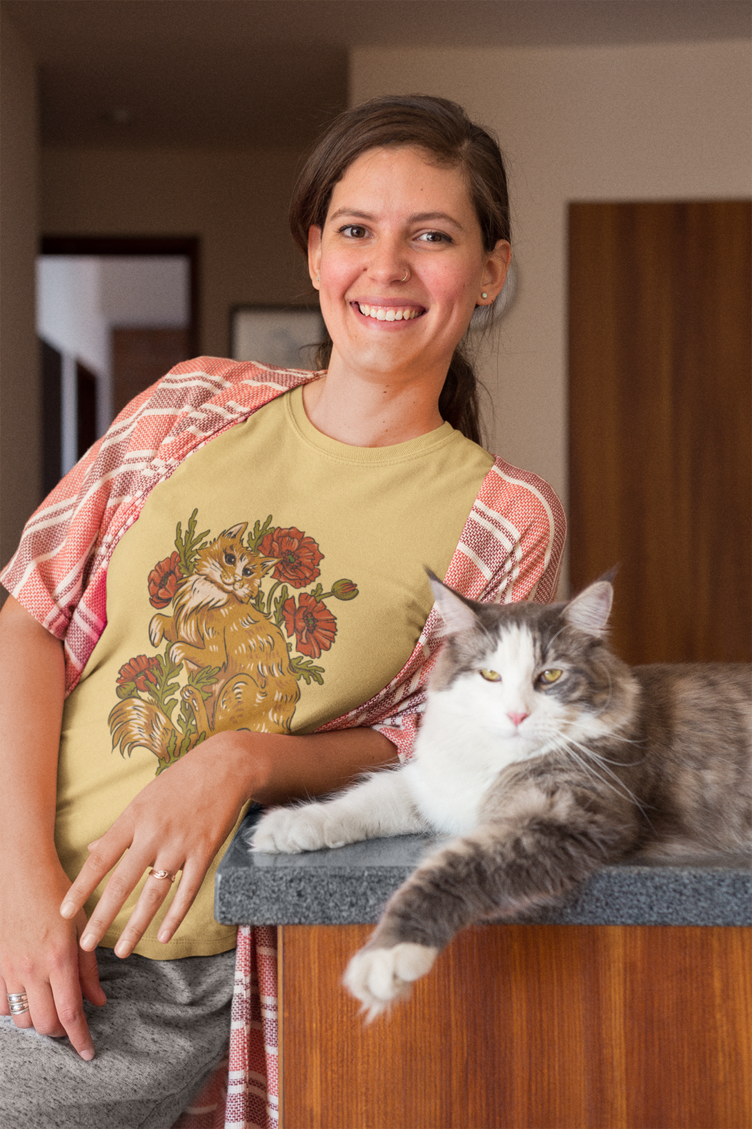 Floral Cat Printed T-Shirt For Women - WowWaves