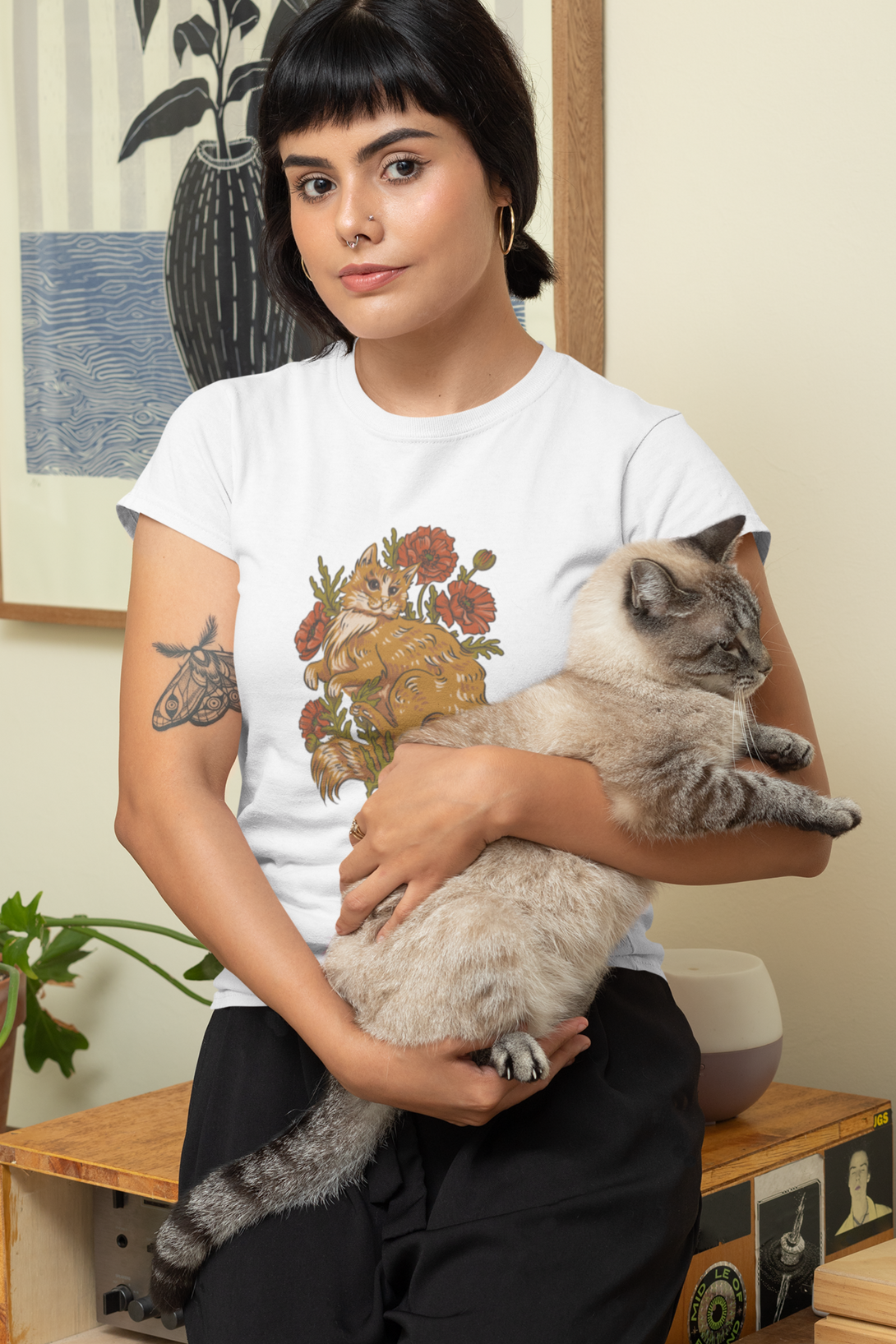 Floral Cat Printed T-Shirt For Women - WowWaves - 3