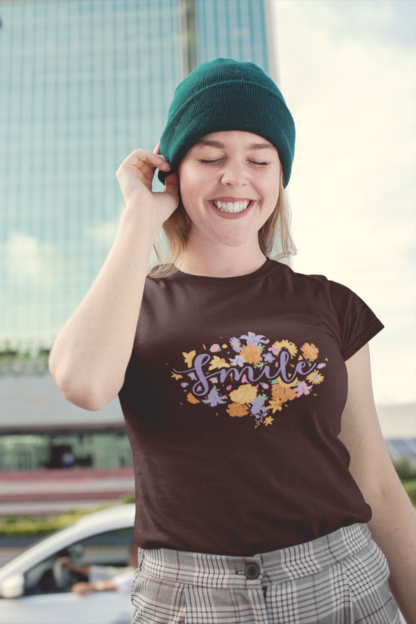 Floral Smile Printed T-Shirt For Women - WowWaves