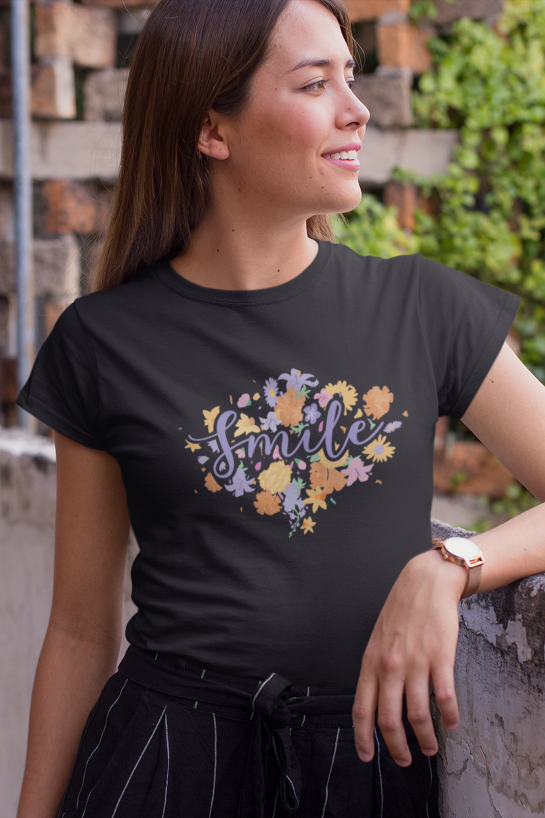 Floral Smile Printed T-Shirt For Women - WowWaves - 3