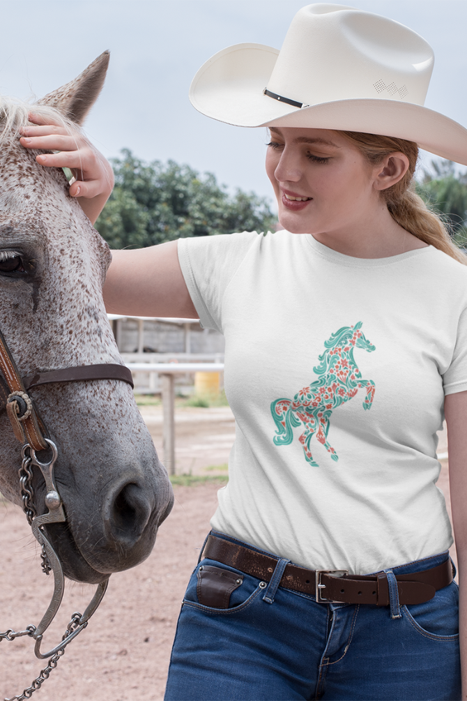 Floral Horse Printed T-Shirt For Women - WowWaves - 6