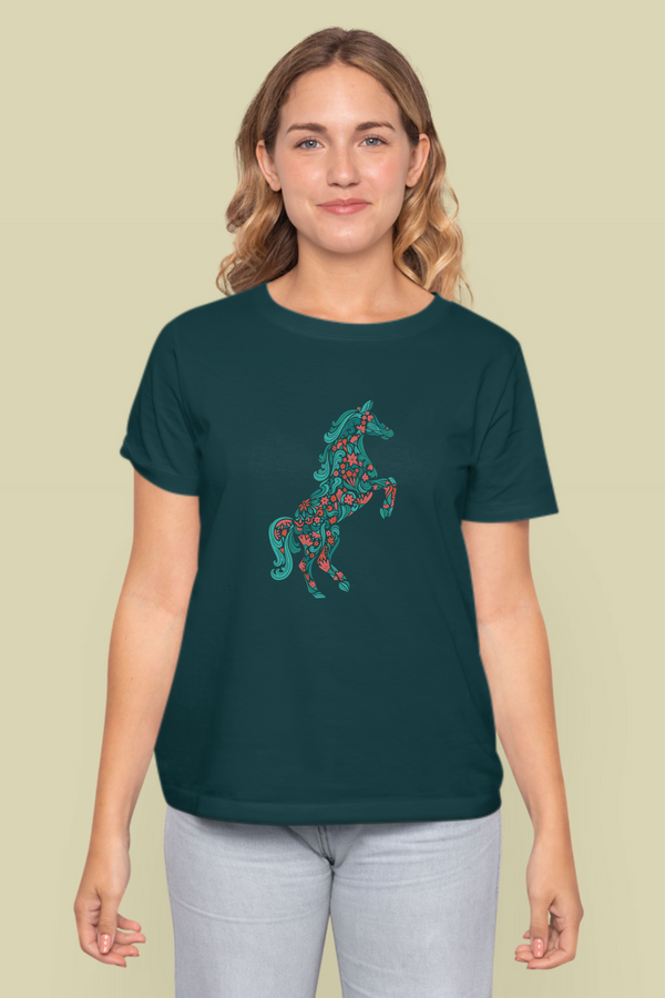 Floral Horse Printed T-Shirt For Women - WowWaves - 10