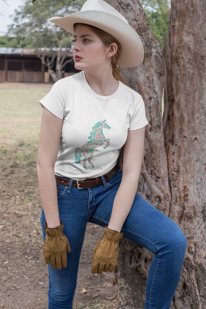 Floral Horse Printed T-Shirt For Women - WowWaves - 3