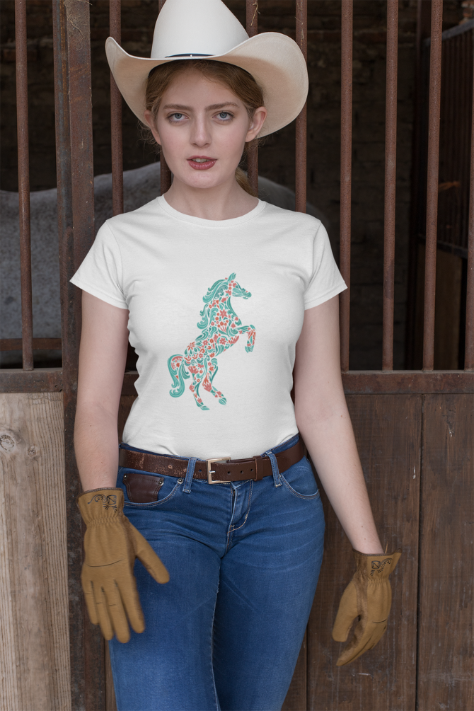 Floral Horse Printed T-Shirt For Women - WowWaves - 5