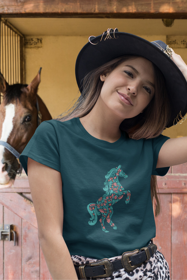Floral Horse Printed T-Shirt For Women - WowWaves