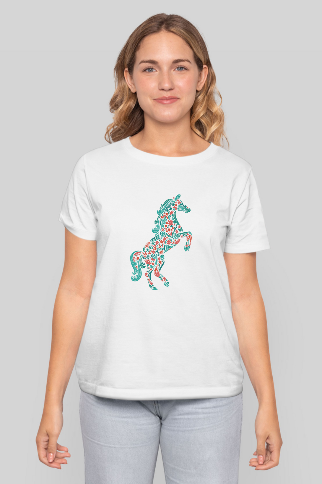 Floral Horse Printed T-Shirt For Women - WowWaves - 9