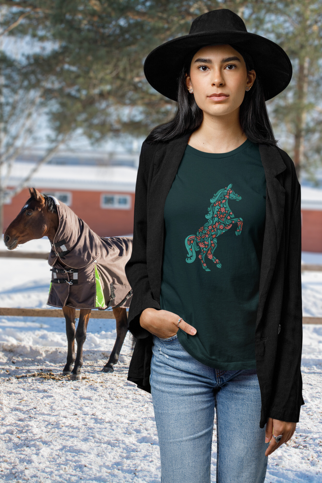 Floral Horse Printed T-Shirt For Women - WowWaves - 8