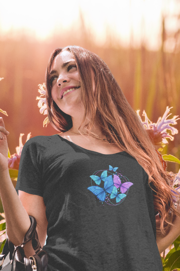 Purple Blue Modern Butterfly Printed Scoop Neck T-Shirt For Women - WowWaves
