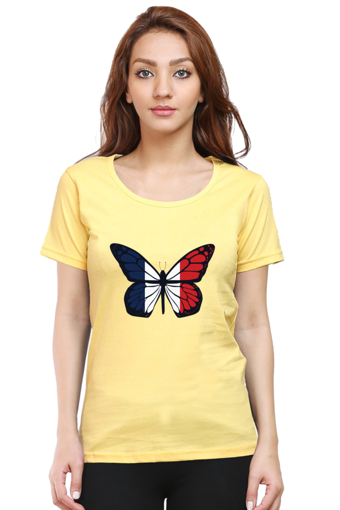 French Butterfly Printed Scoop Neck T-Shirt For Women - WowWaves - 8
