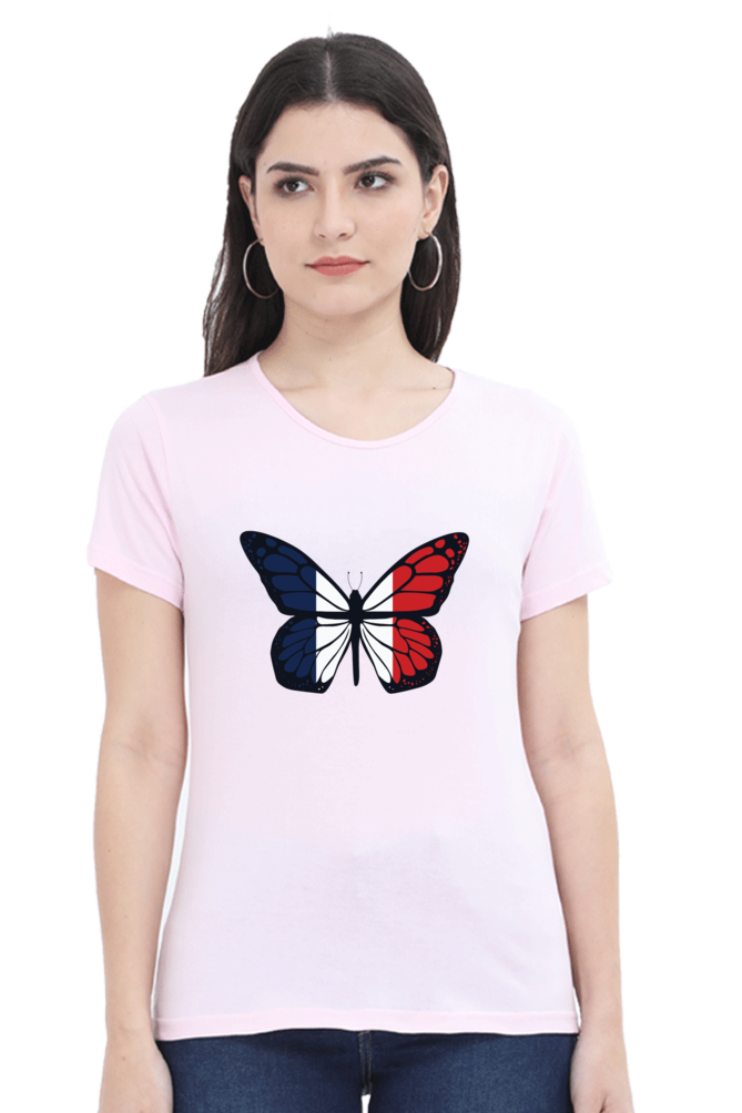 French Butterfly Printed Scoop Neck T-Shirt For Women - WowWaves - 7