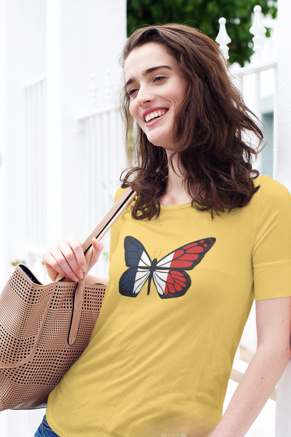 French Butterfly Printed Scoop Neck T-Shirt For Women - WowWaves