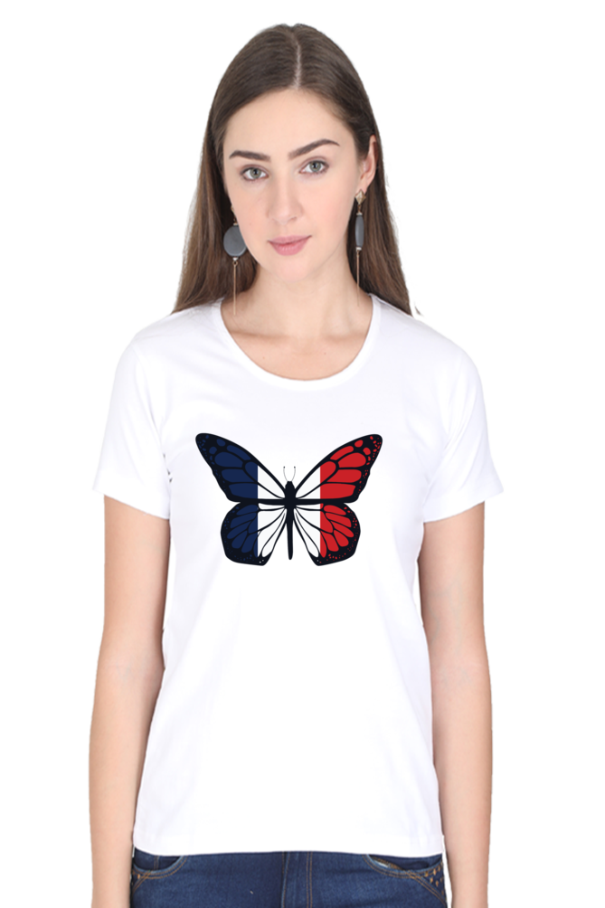 French Butterfly Printed Scoop Neck T-Shirt For Women - WowWaves - 9