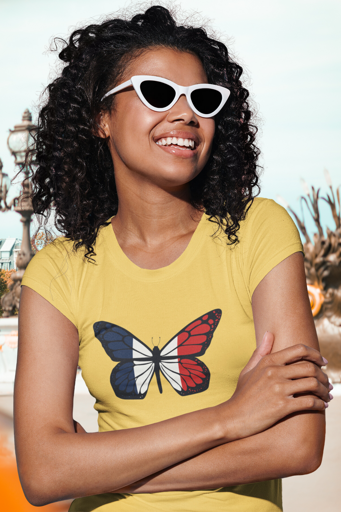 French Butterfly Printed Scoop Neck T-Shirt For Women - WowWaves - 2