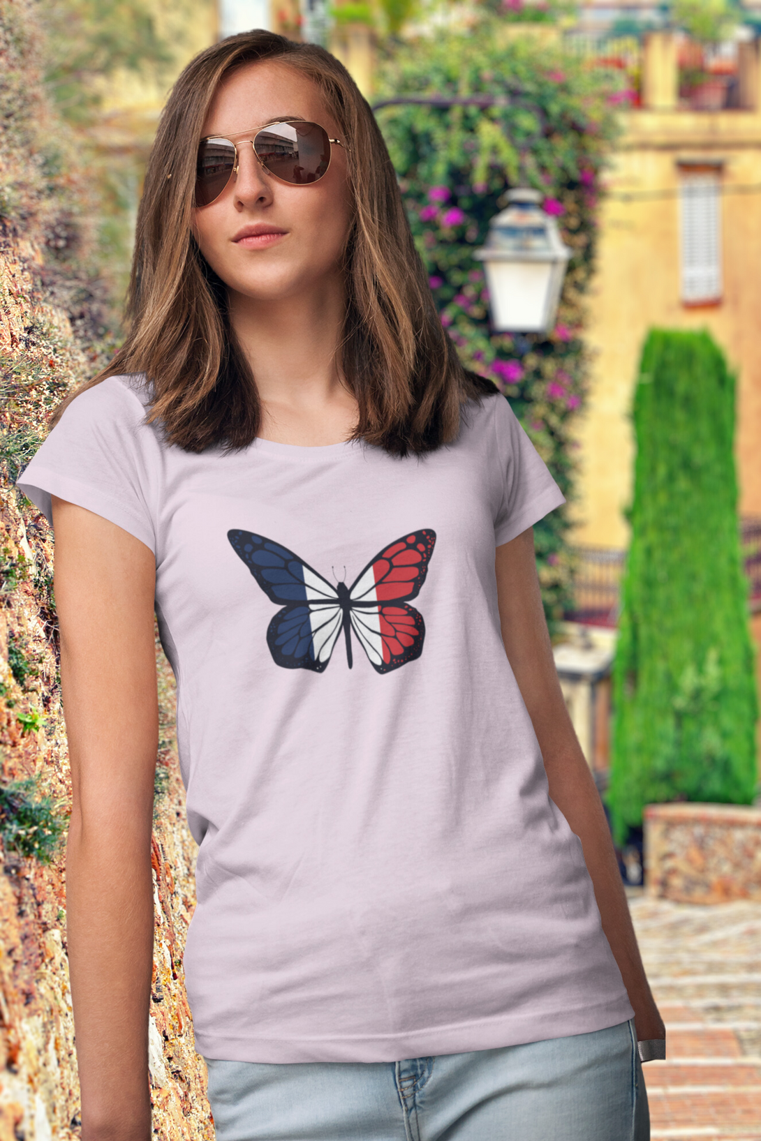 French Butterfly Printed Scoop Neck T-Shirt For Women - WowWaves - 3