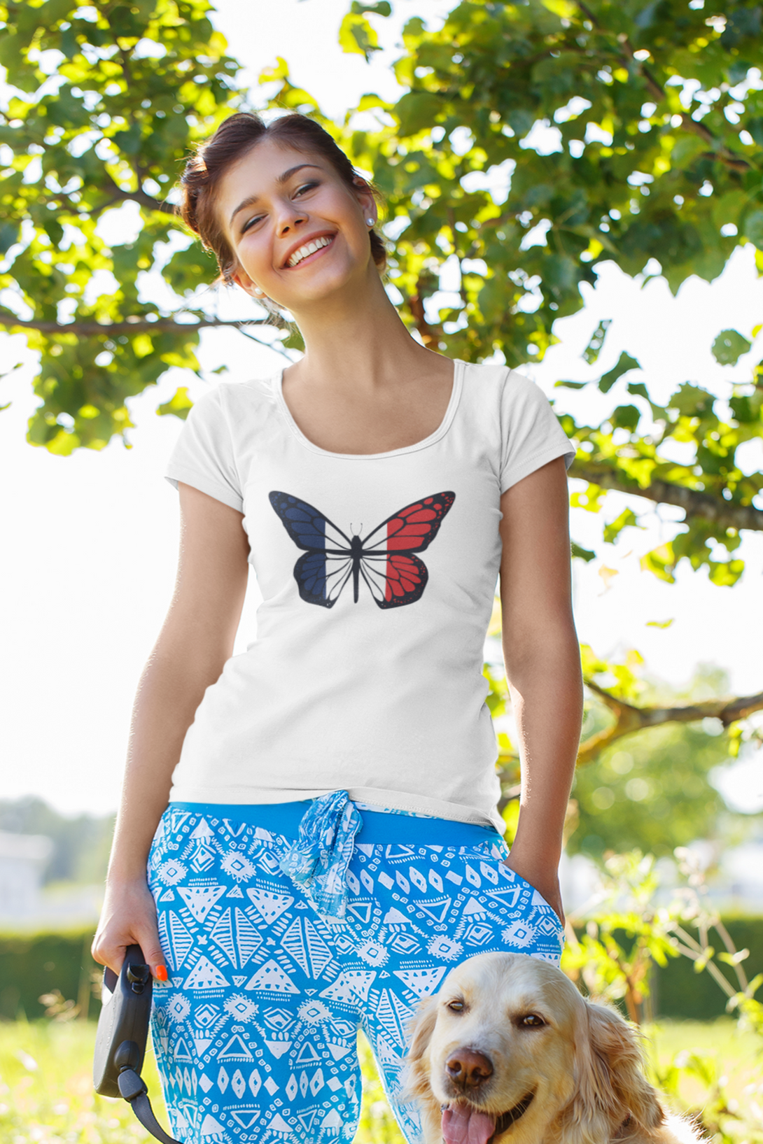 French Butterfly Printed Scoop Neck T-Shirt For Women - WowWaves - 6