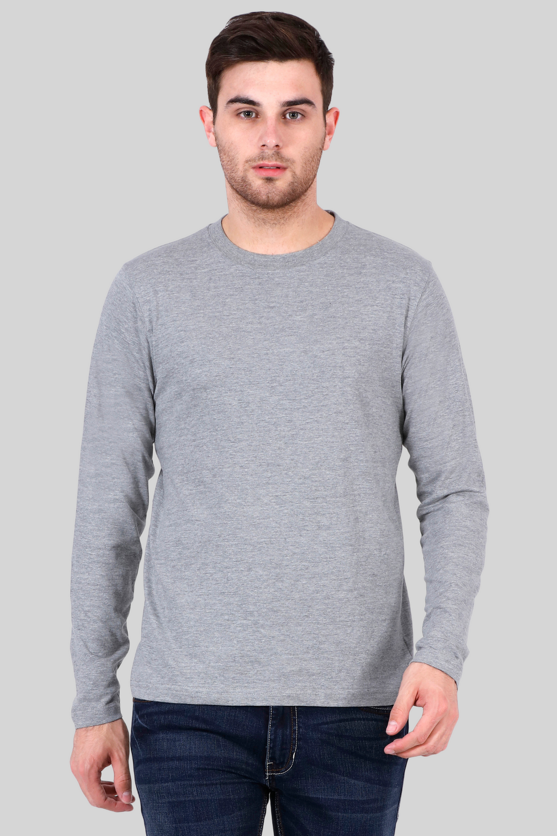 Grey Melange Full Sleeve T-Shirt For Men - WowWaves - 6