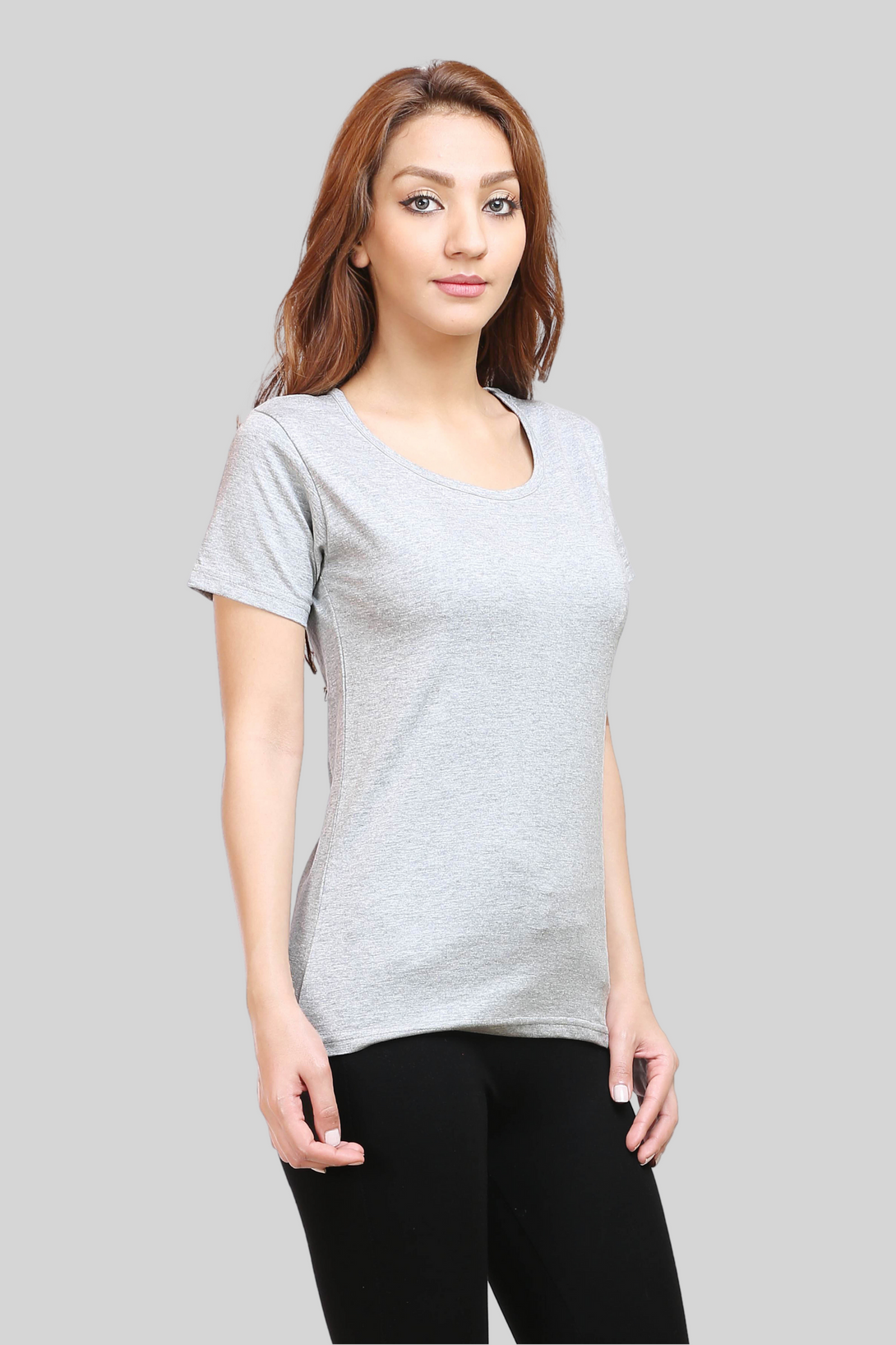 Grey Melange Scoop Neck T-Shirt For Women - WowWaves - 1