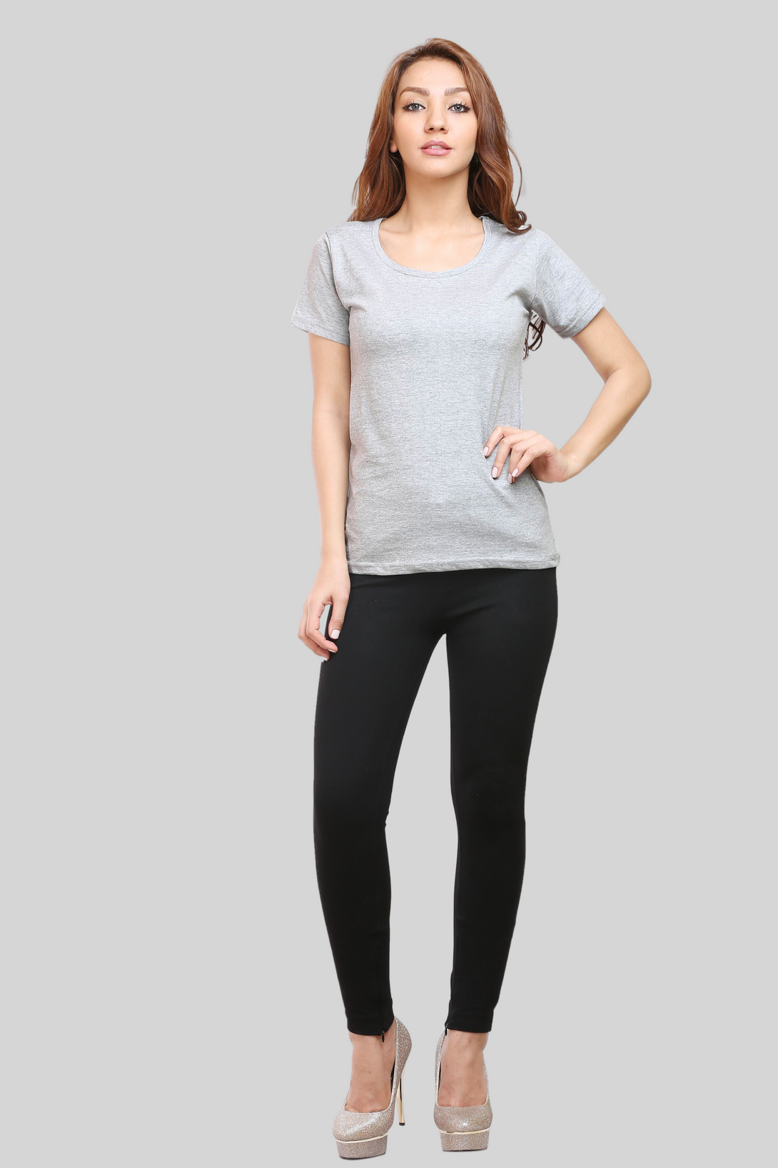 Grey Melange Scoop Neck T-Shirt For Women - WowWaves - 2