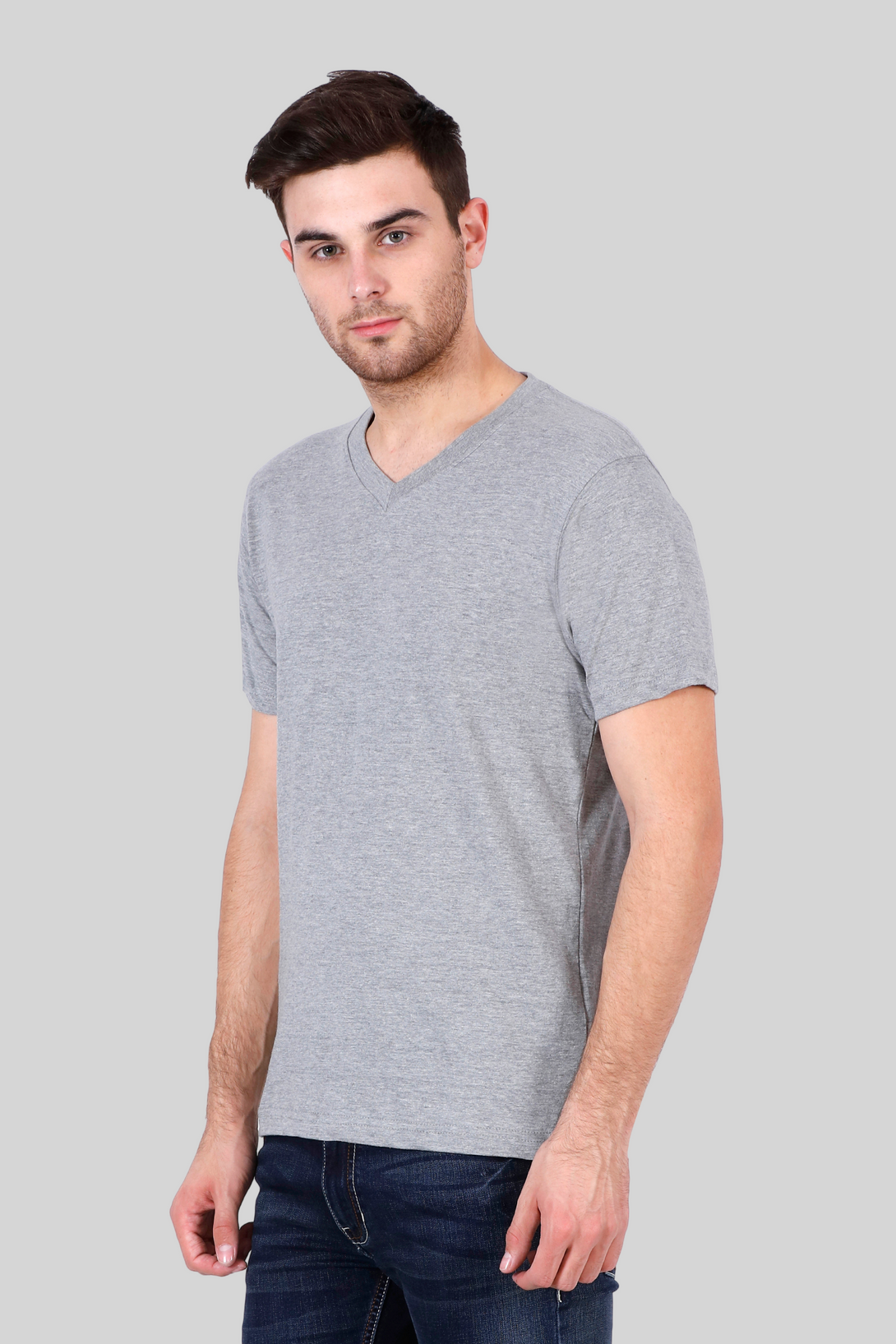 Grey Melange V Neck T-Shirt For Men - WowWaves - 6