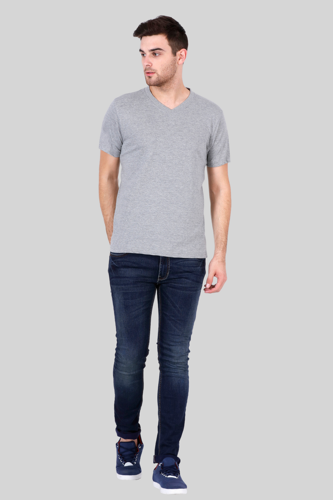 Grey Melange V Neck T-Shirt For Men - WowWaves - 7