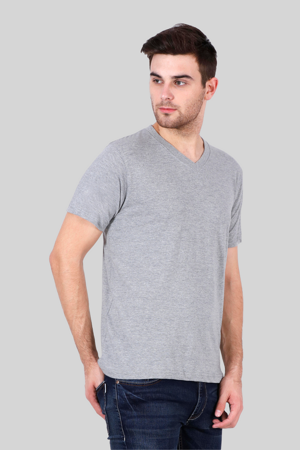 Grey Melange V Neck T-Shirt For Men - WowWaves
