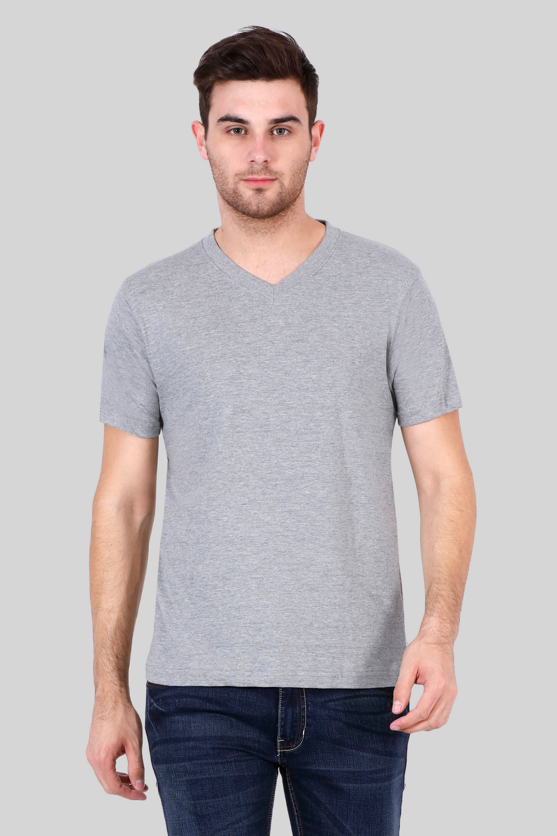Grey Melange V Neck T-Shirt For Men - WowWaves - 1
