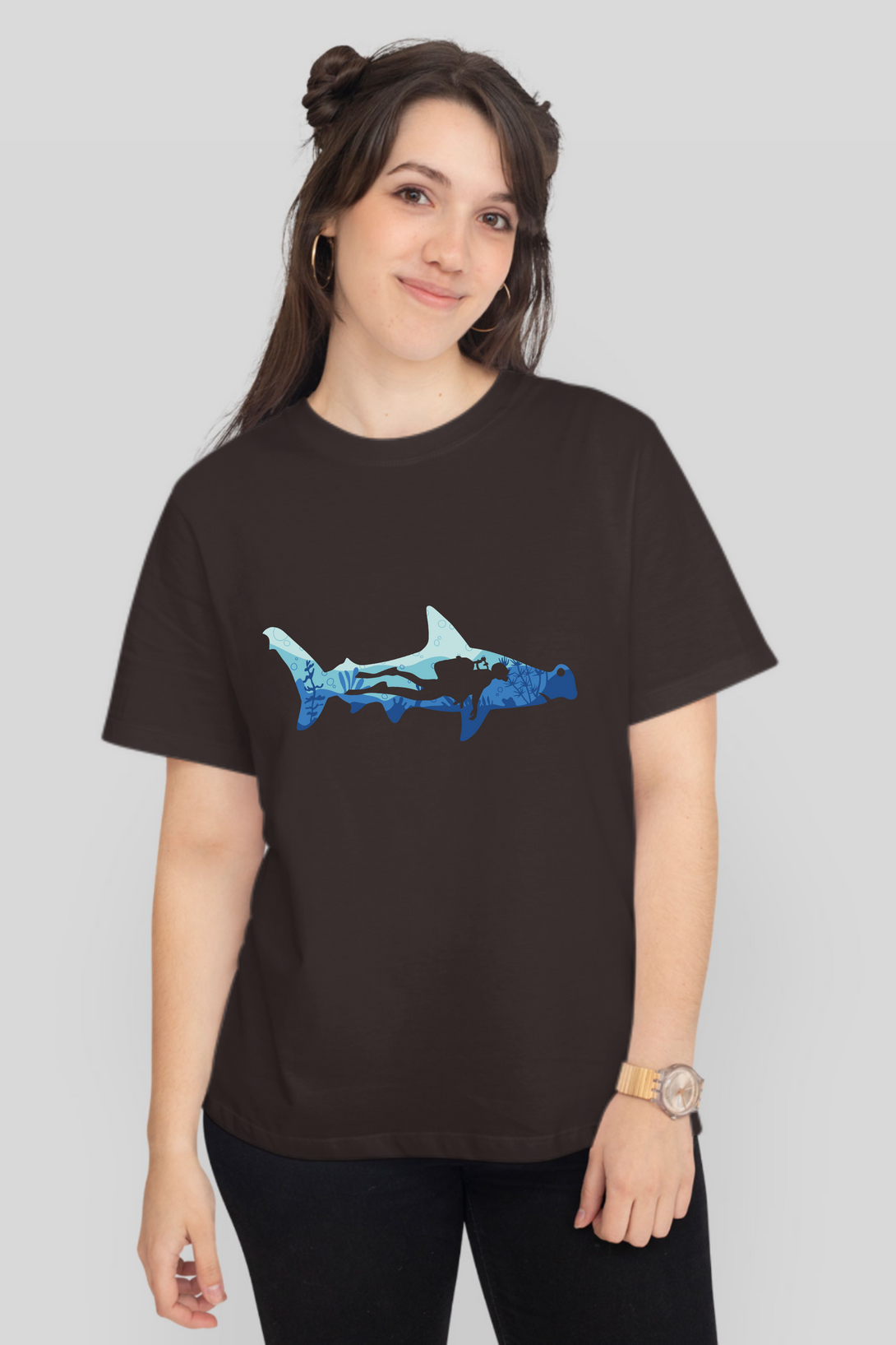 Hammerhead Shark Dive Printed T-Shirt For Women - WowWaves - 11