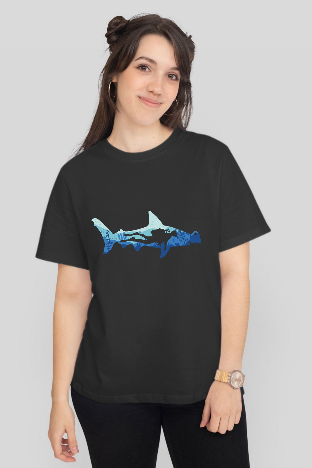 Hammerhead Shark Dive Printed T-Shirt For Women - WowWaves - 10