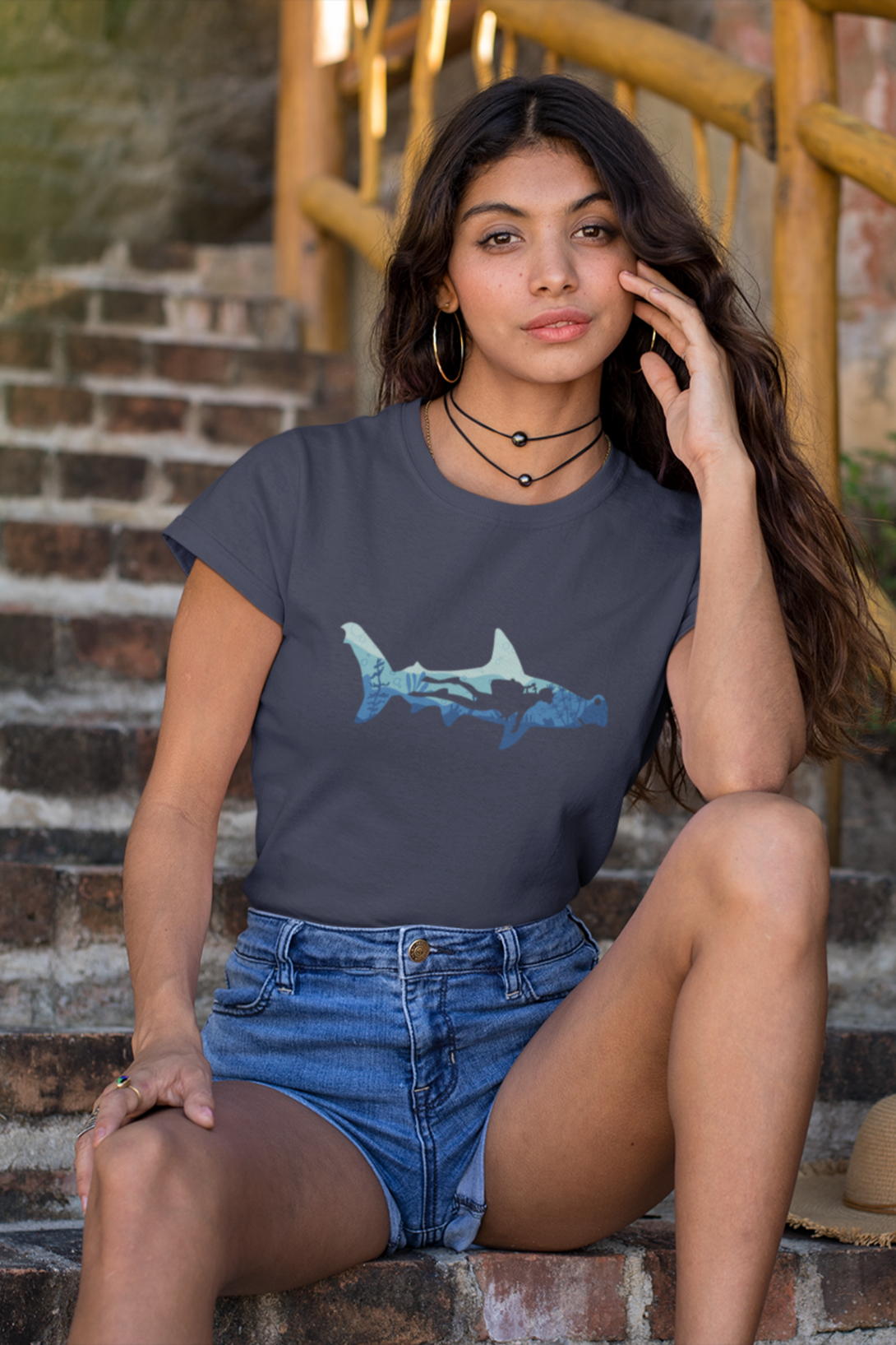Hammerhead Shark Dive Printed T-Shirt For Women - WowWaves - 5