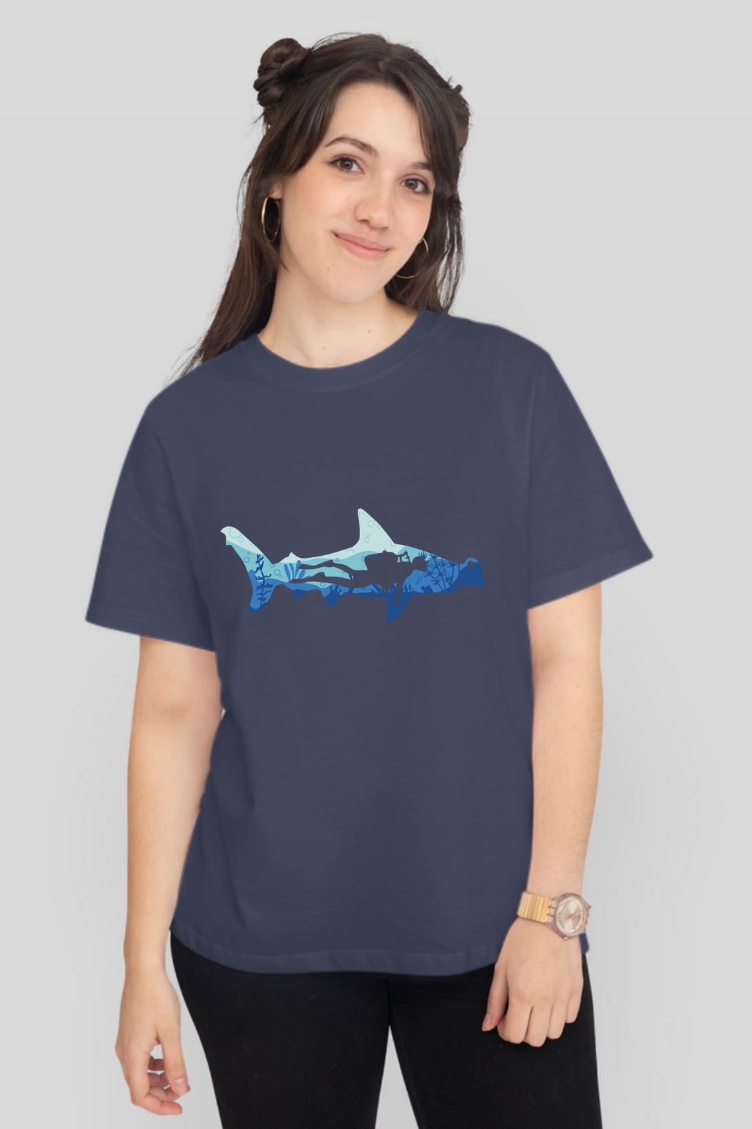 Hammerhead Shark Dive Printed T-Shirt For Women - WowWaves - 9