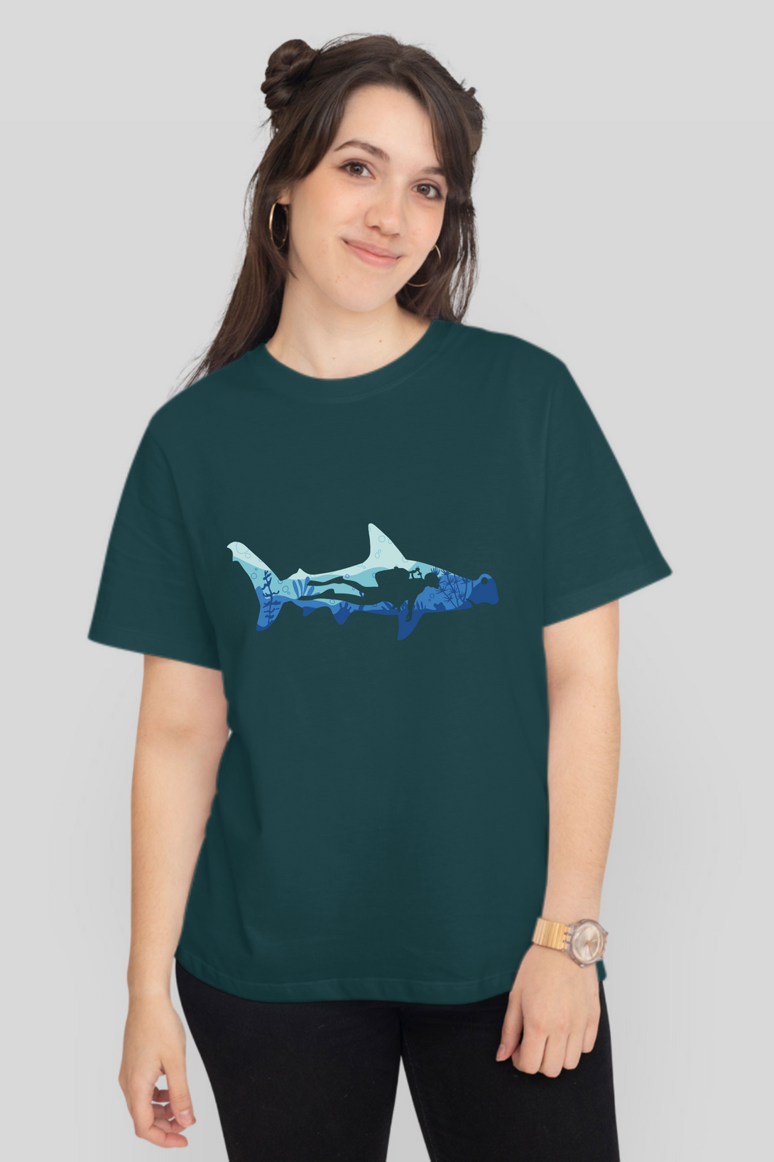 Hammerhead Shark Dive Printed T-Shirt For Women - WowWaves - 8
