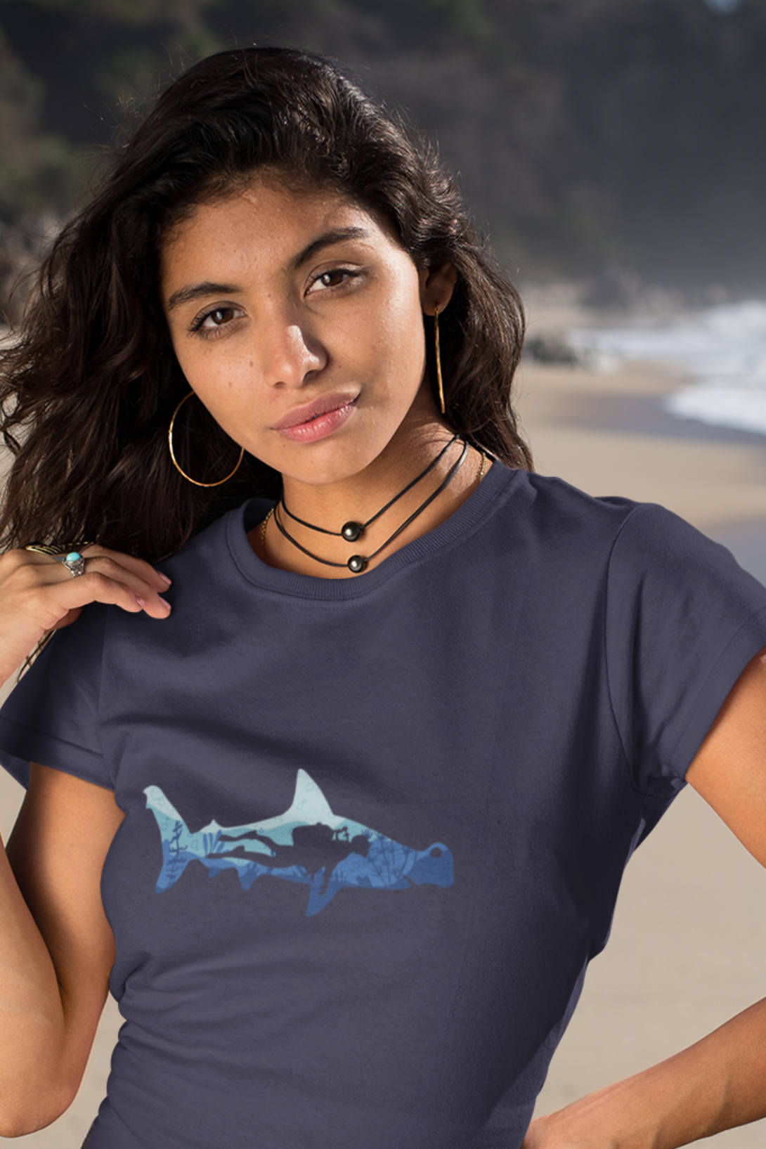 Hammerhead Shark Dive Printed T-Shirt For Women - WowWaves - 4