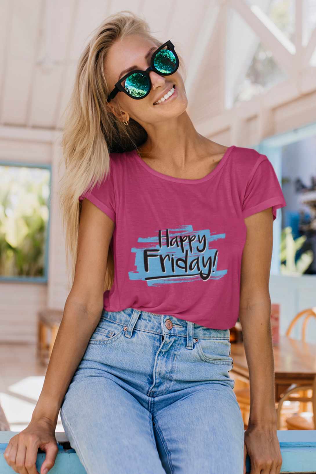 Happy Friday Printed Scoop Neck T-Shirt For Women - WowWaves - 4