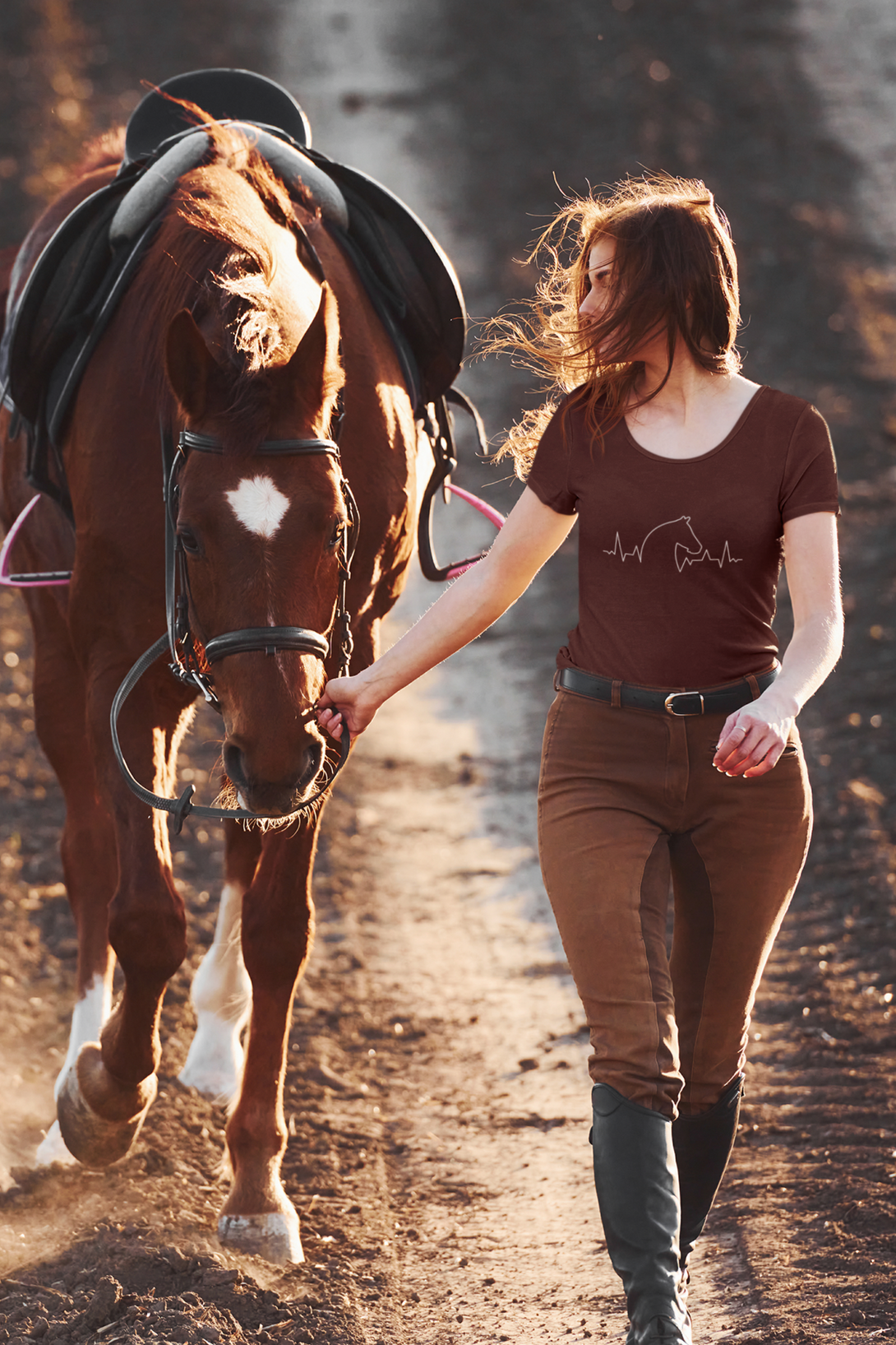 Horse Heartbeat Printed Scoop Neck T-Shirt For Women - WowWaves