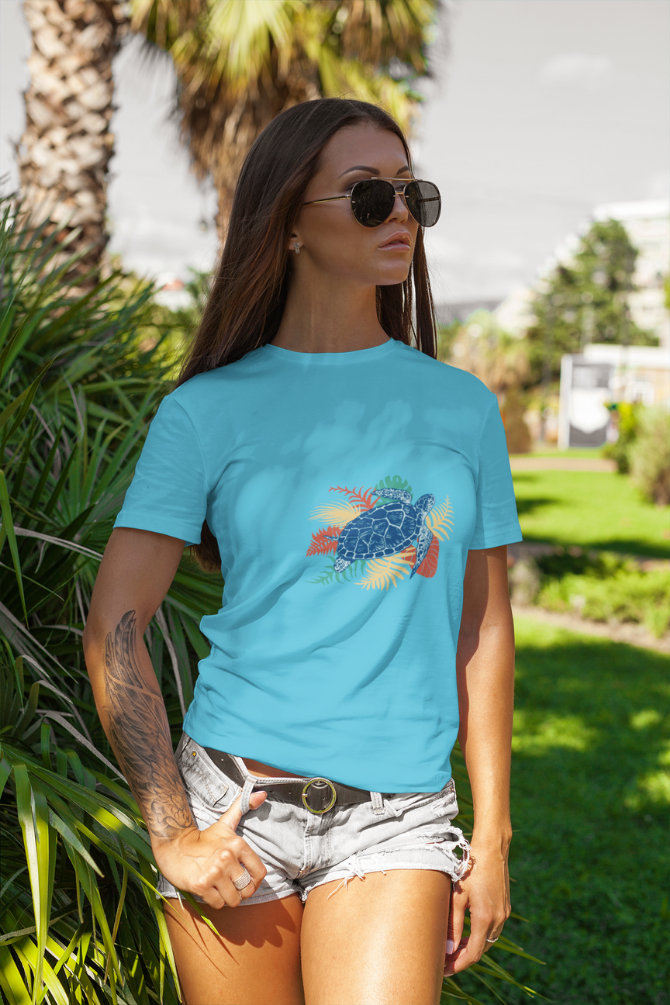 Tropical Sea Turtle Printed T-Shirt For Women - WowWaves - 5