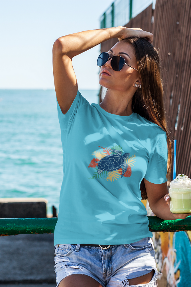 Tropical Sea Turtle Printed T-Shirt For Women - WowWaves