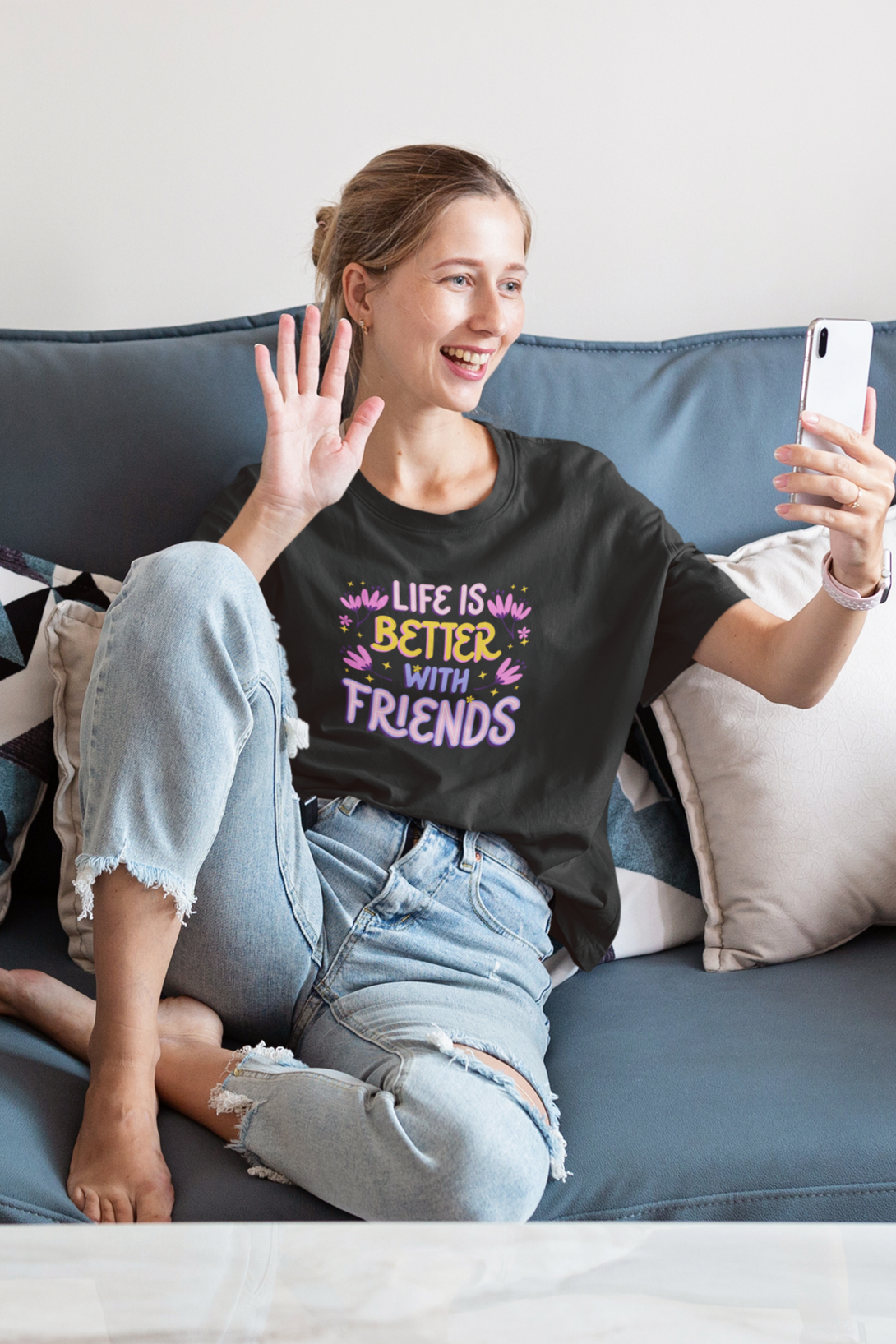 Life Is Better With Friends Printed Oversized T-Shirt For Women - WowWaves - 6