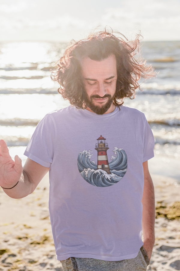 Lighthouse And Waves Printed T-Shirt For Men - WowWaves