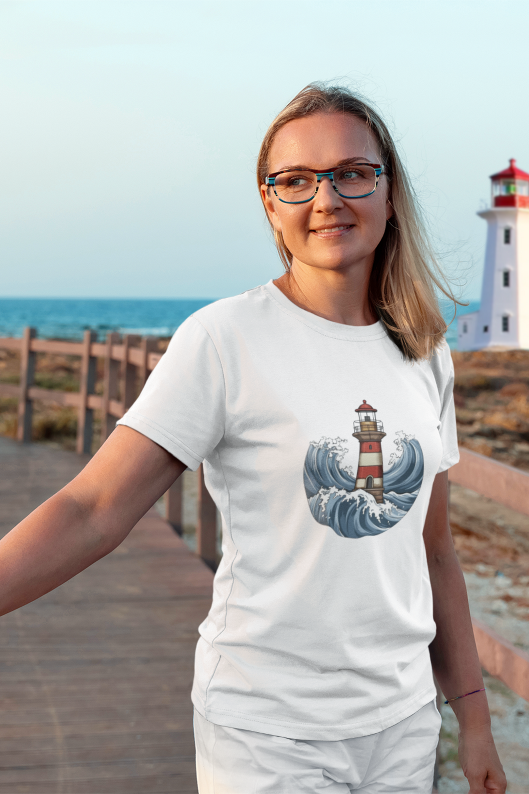 Lighthouse And Waves Printed T-Shirt For Women - WowWaves - 5