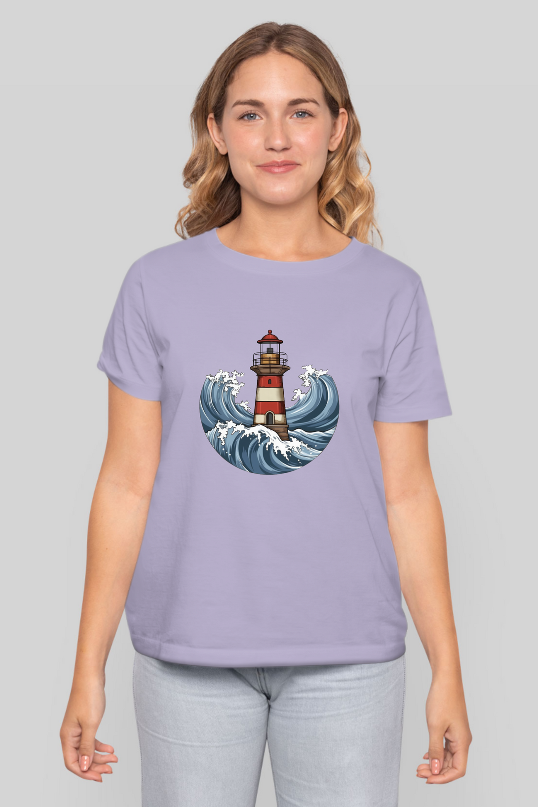 Lighthouse And Waves Printed T-Shirt For Women - WowWaves - 7