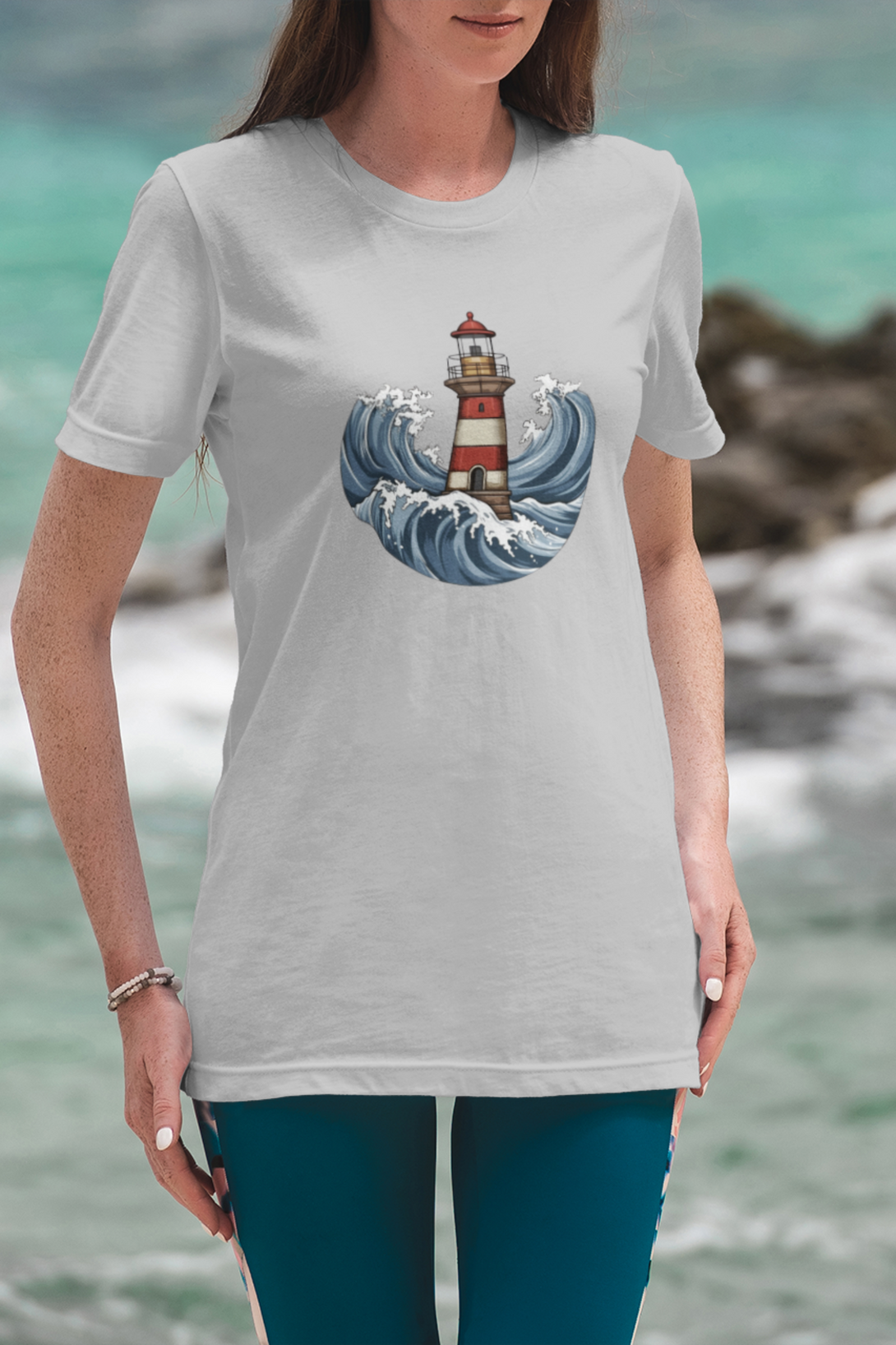 Lighthouse And Waves Printed T-Shirt For Women - WowWaves - 6