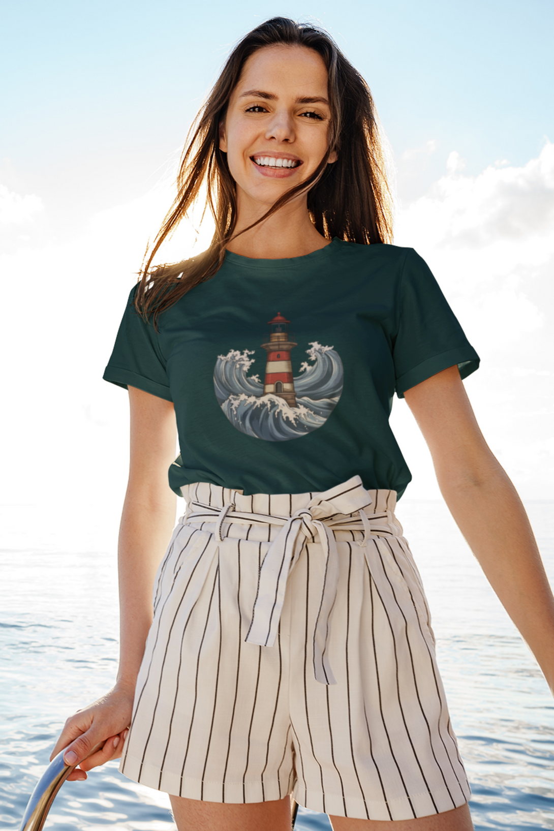 Lighthouse And Waves Printed T-Shirt For Women - WowWaves - 3