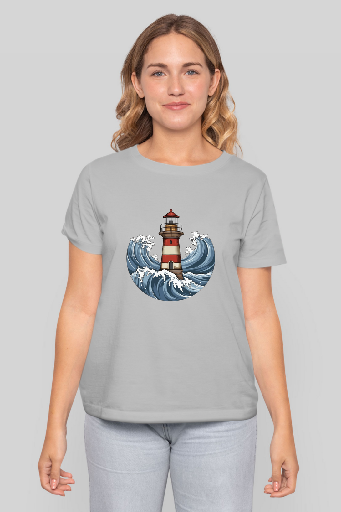 Lighthouse And Waves Printed T-Shirt For Women - WowWaves - 9